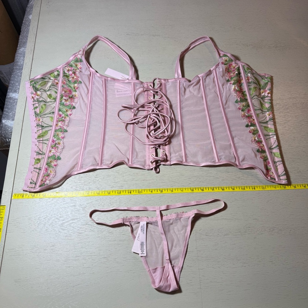 NWT Victoria's Secret Pink Lily Embroidered Corset G String 2 piece Set, Med DD - Picture 7 of 16